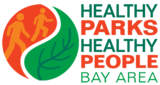 Circular logo in the shape of two leaves, one has two people in it and on right of the logo there is text that read Healthy parks Healthy people bay area