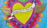 Yellow heart with ribbon that reads Community is Sharing